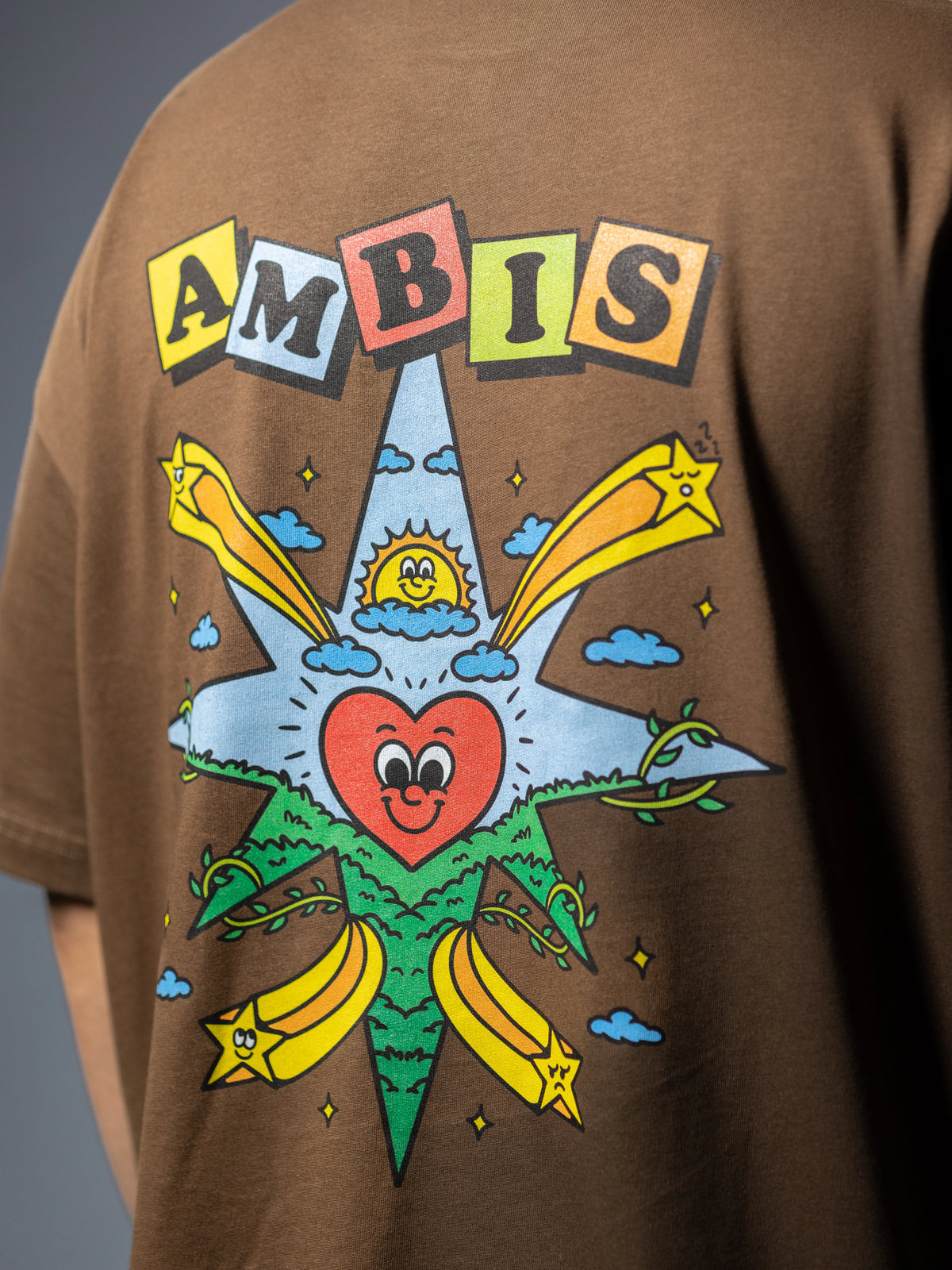 Dos zoomé d'un t-shirt oversize marron Ambis avec une rose des vents multicolore et un cœur au centre