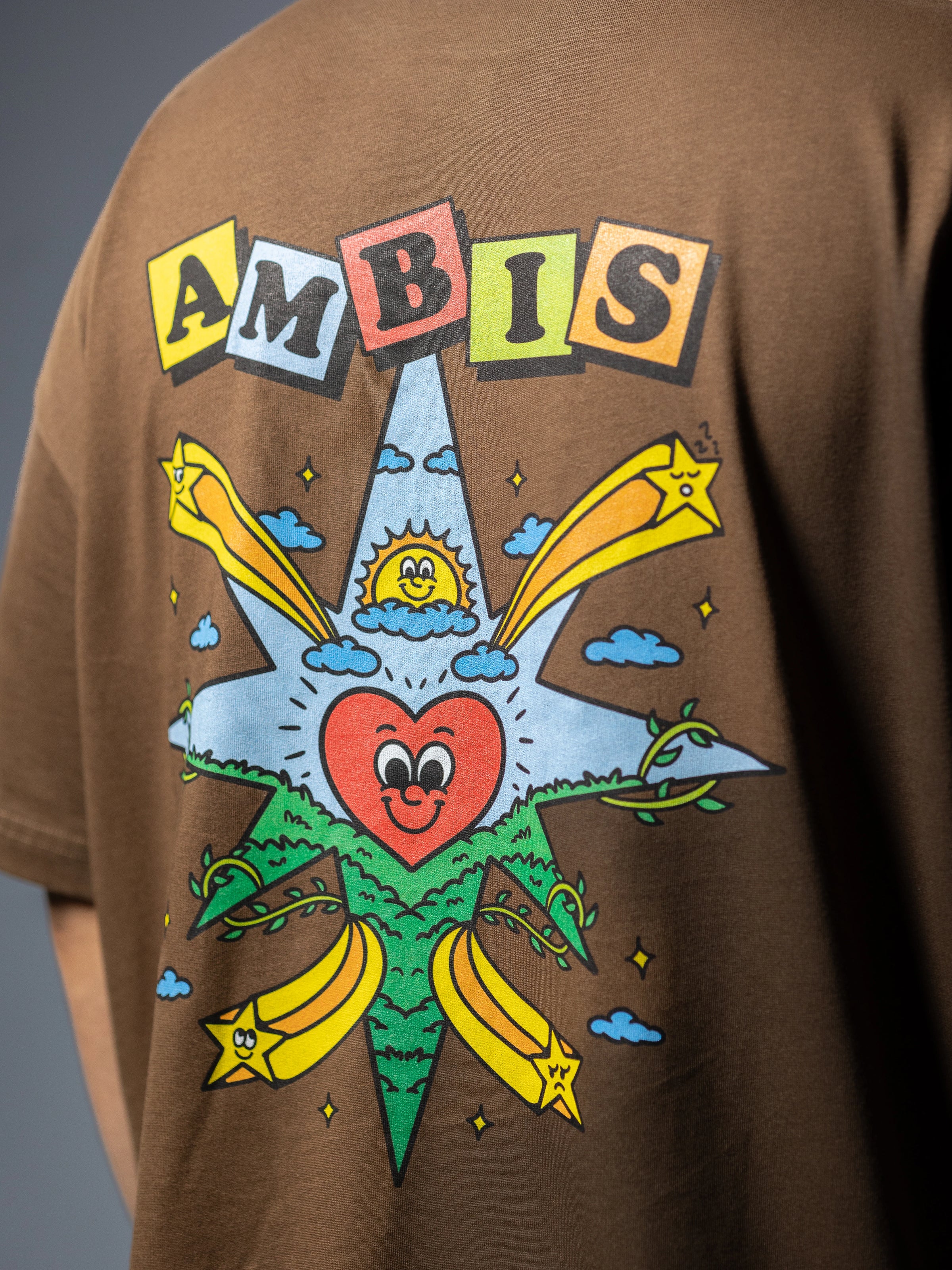 Dos zoomé d'un t-shirt oversize marron Ambis avec une rose des vents multicolore et un cœur au centre